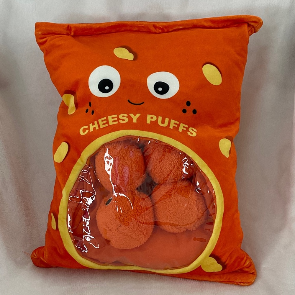Cheesy Puffs Plush Pillow • Removable Plush Puffs • Cute Snack Bag Toy